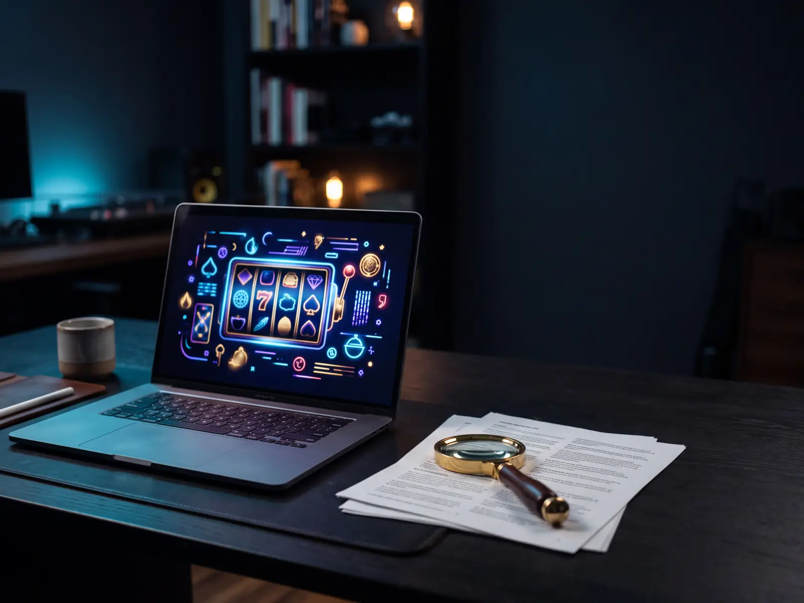 Laptop mit Slot-Walzen und Lupe auf Bonusbedingungen