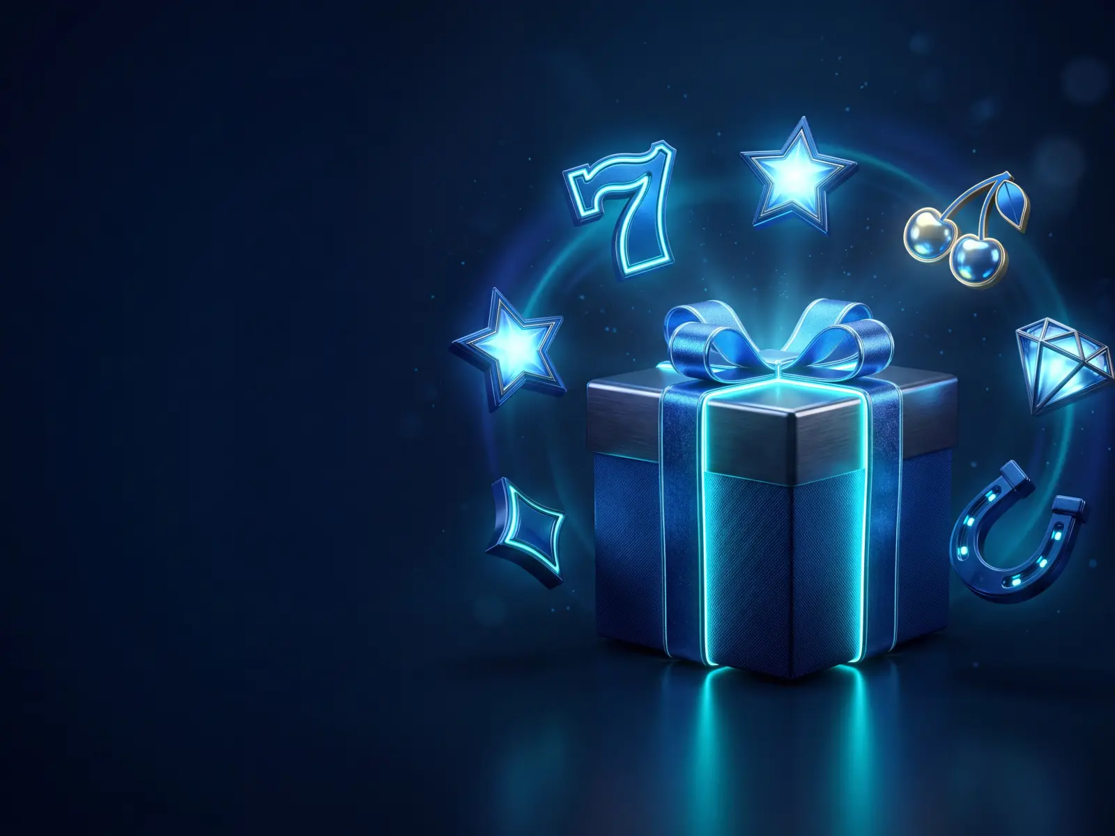 Leuchtende Geschenkbox mit Slot-Symbolen auf dunkelblauem Hintergrund